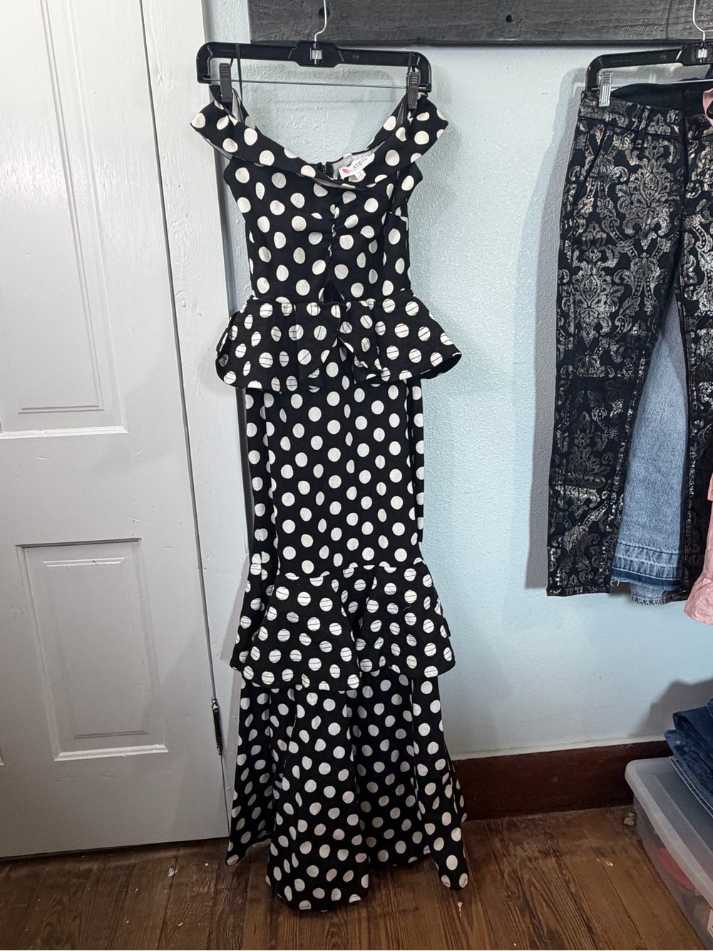 L'ATISTE Black and White Polka Dot Peplum Maxi Dress